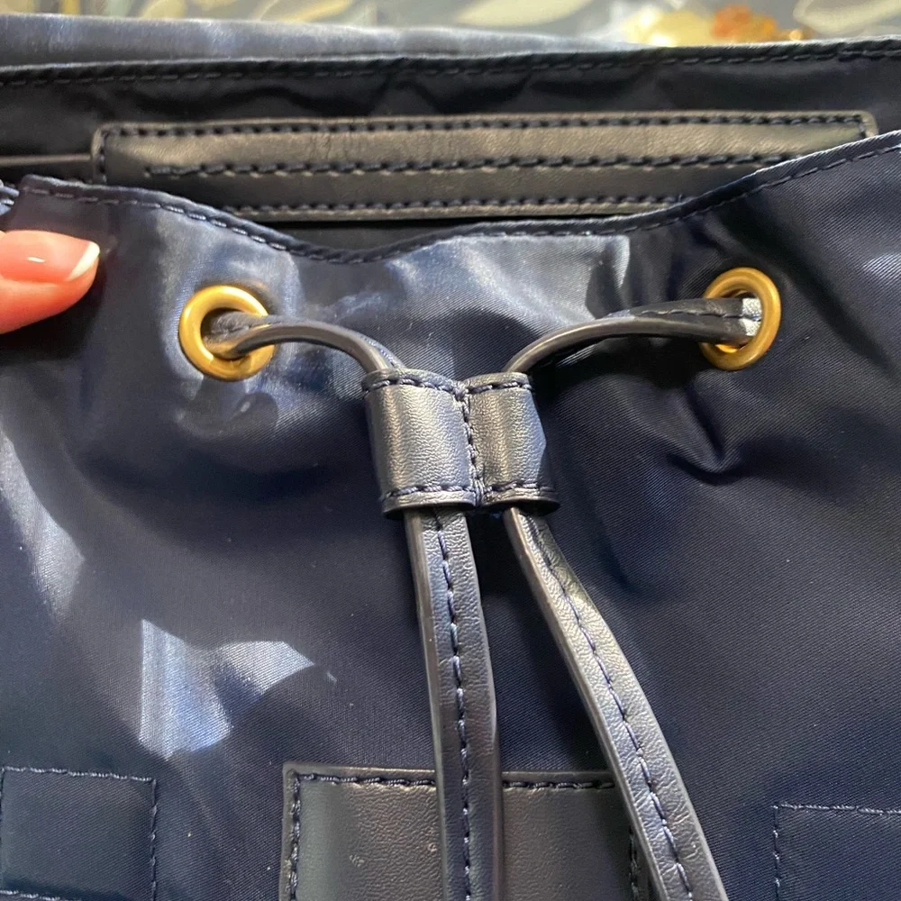 Tory Burch Navy Backpack with Tan Top Handle and Blue Trim